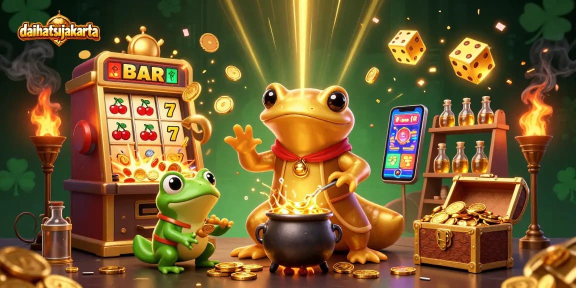 Engage in a thrilling experience with the daihatsujakarta online casino, featuring a vibrant 3D illustration of golden treasure.