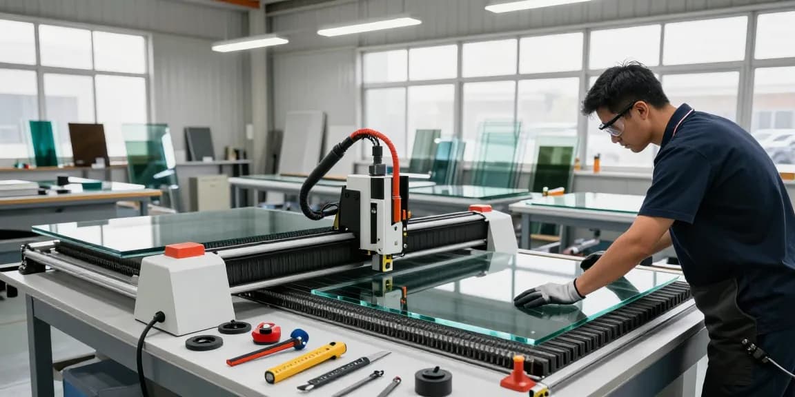 Technician using a glass cutting table in a well-lit workshop, showcasing precision and safety.