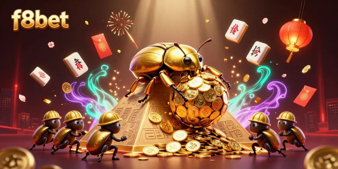 Experience thrilling casino fun with f8bet as golden beetles roll coins in an immersive 3D scene.