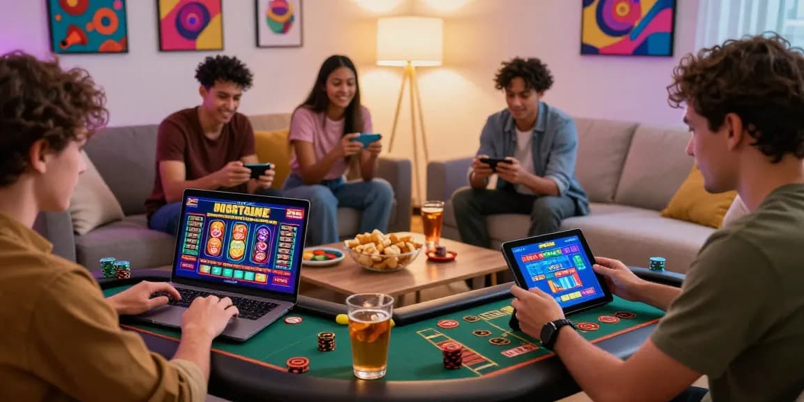 Exciting online casinos Australia scene with players enjoying pokies and live dealer games in a vibrant home setting, showcasing modern gambling experiences.