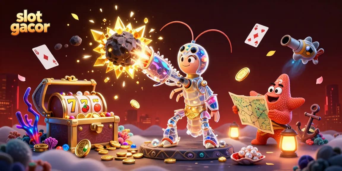 Engage with slot gacor action through vibrant 3D illustration of lucky characters and symbols amidst treasures.
