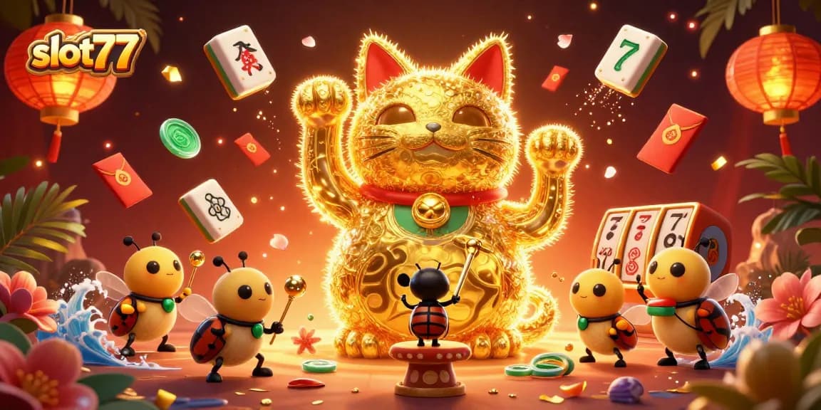 Experience the excitement of slot777 gaming with a vibrant illustration of a lucky cat and dynamic casino symbols.