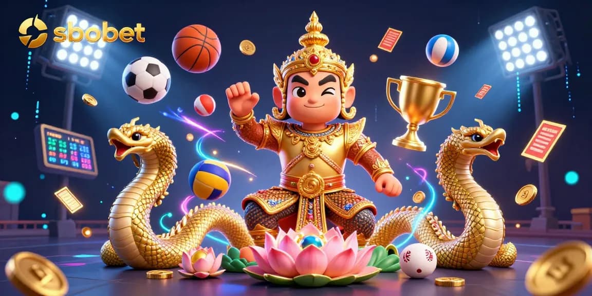 Engage in thrilling sbobet sports betting with a vibrant 3D depiction of a Thai guardian and Naga serpents amid dynamic game elements.