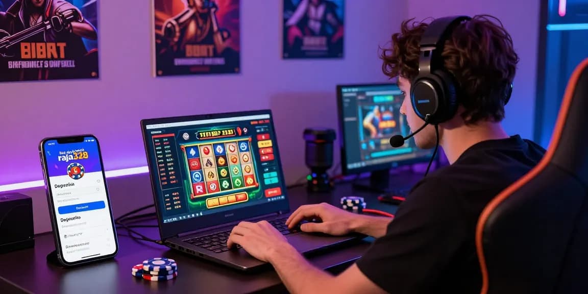 Player engaged in online gaming with link alternatif raja328 visible on smartphone, showcasing vibrant casino atmosphere.