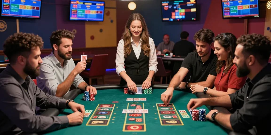 Exciting Andar Bahar casino game scene with players celebrating wins and engaging with the dealer.