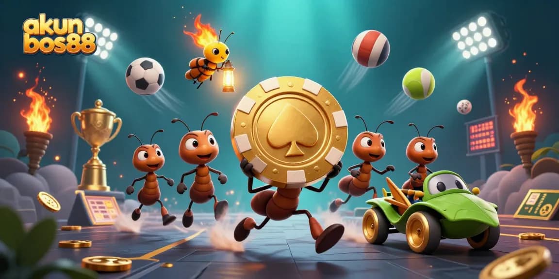 Engage with akun bos88 as playful ants embark on a golden poker chip heist in an animated casino scene.