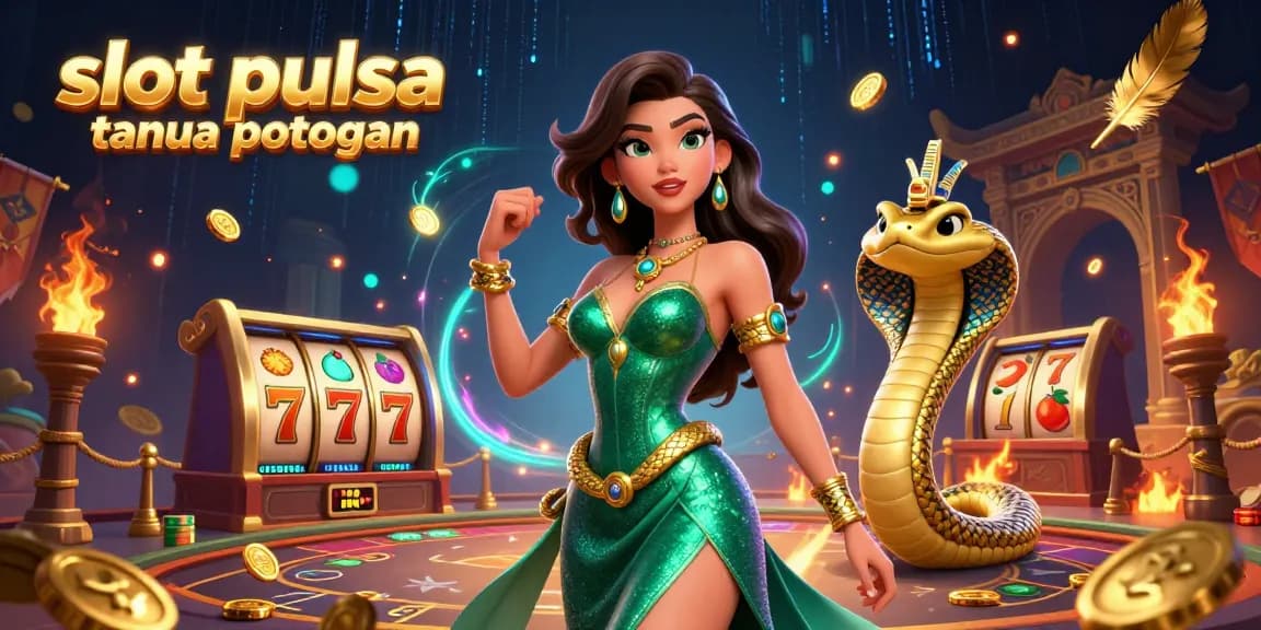 Engage with slot pulsa tanpa potongan through a captivating casino scene featuring a stunning woman and her golden cobra companion.