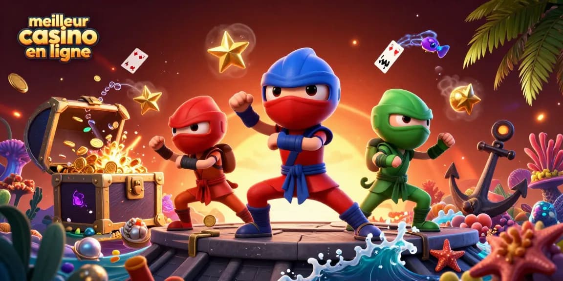 Visualisez le meilleur casino en ligne avec une scène dynamique de ninjas chameaux, cartes flottantes et richesses sous-marines