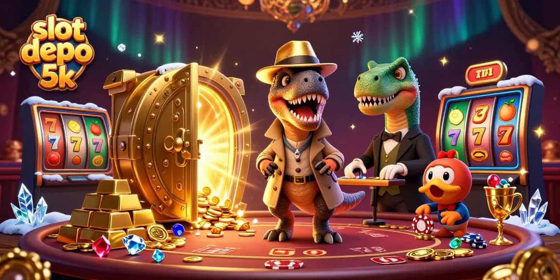 Engage with slot depo 5k excitement in a cartoon casino scene with vibrant characters and dynamic gaming activities.