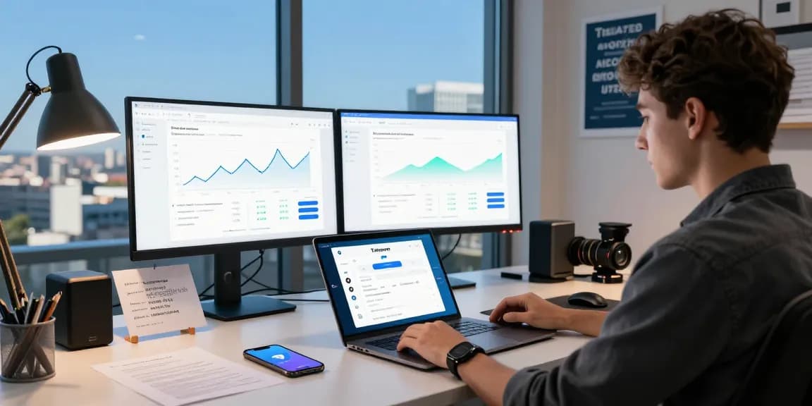 Workspace showcasing mennesaging app features of teiegramin.com with professional engaging in tech activities