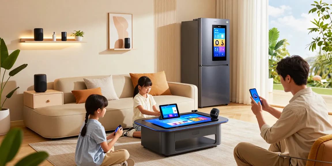 Family using the best smart home gadgets 2026 in a modern living room, showcasing smart devices and energy efficiency.