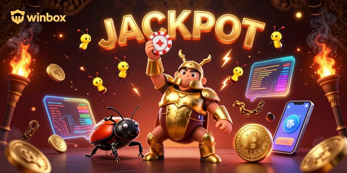 Spin to win with winbox as a heroic beetle lifts poker chip in victory amid vibrant casino elements.
