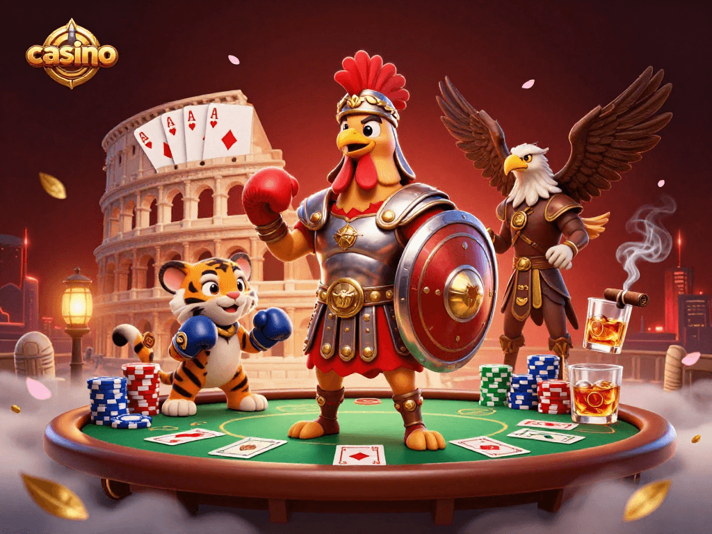 Experience the thrill of casino gaming with an action-packed, illustrated battle scene.