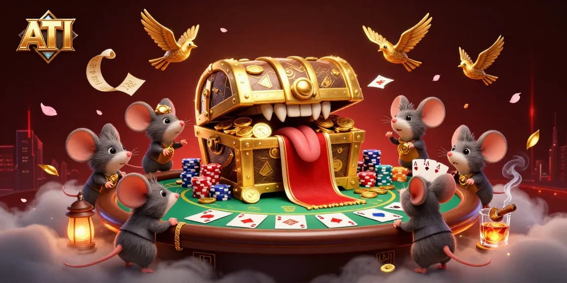 Engage in ATI casino action with a vibrant treasure chest, poker elements, and rich 3D detail.