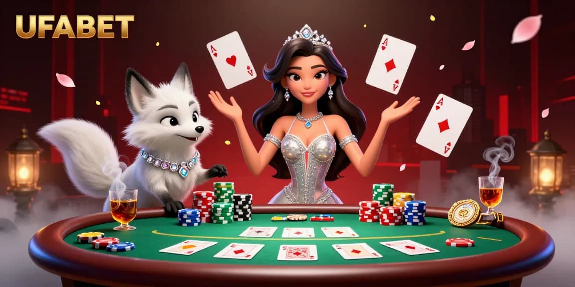 Experience thrilling gameplay at UFABET with vibrant poker elements and enchanting characters in a captivating casino scene.