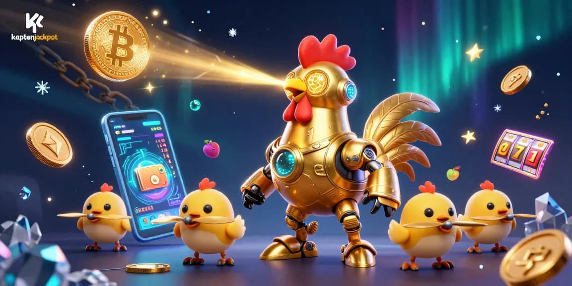 Experience the excitement of kaptenjackpot with a vibrant 3D casino illustration featuring a golden rooster robot.