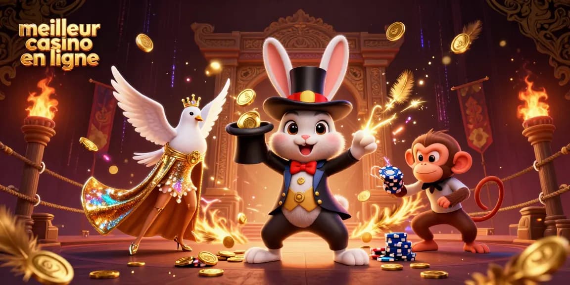 Vivez l'adrénaline au meilleur casino en ligne avec un lapin magicien tirant des pièces d'or et un singe avec un jeton de poker.