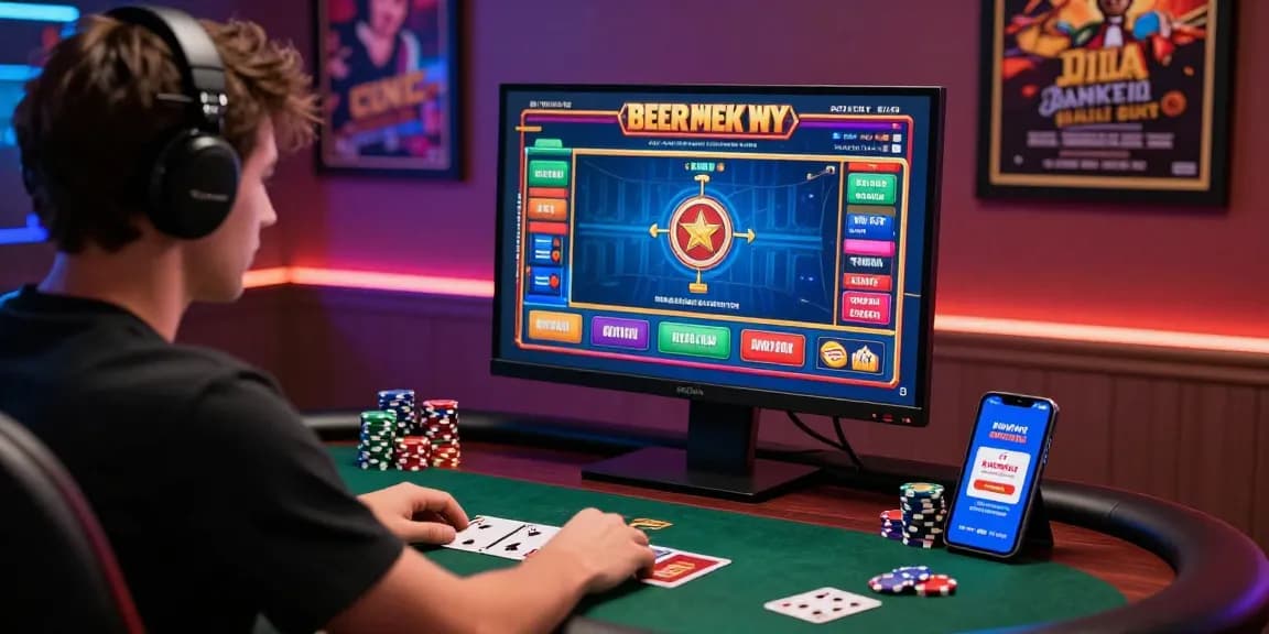 Experience the excitement of link alternatif raja328 in an immersive online gambling setup with vibrant visuals and poker elements.