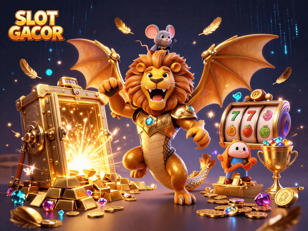 Enjoy the thrilling experience of SLOT GACOR with vibrant 3D casino elements, featuring roaring chimera and golden treasures.