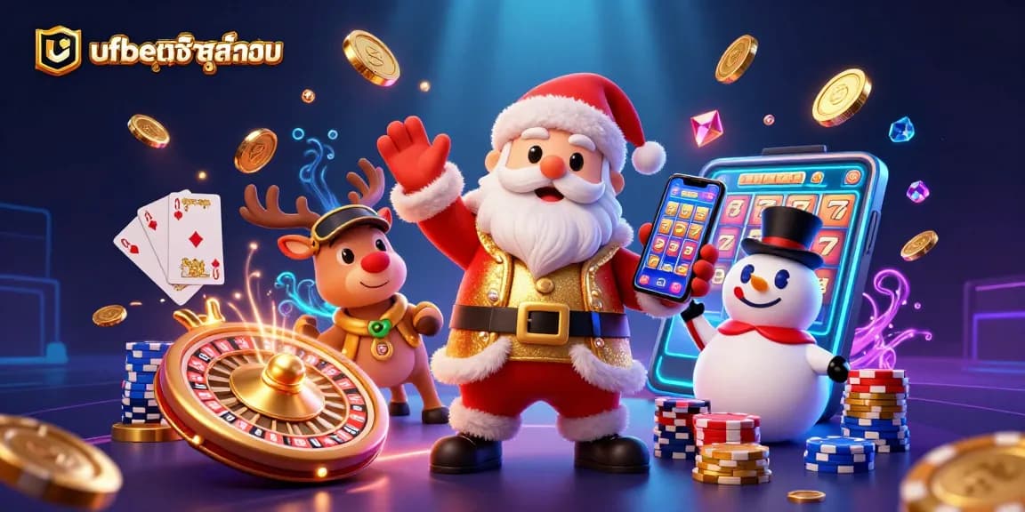 Experience thrilling wins with ufabetเข้าสู่ระบบ as Santa, a reindeer dealer, and a poker chip snowman celebrate in a vibrant casino.