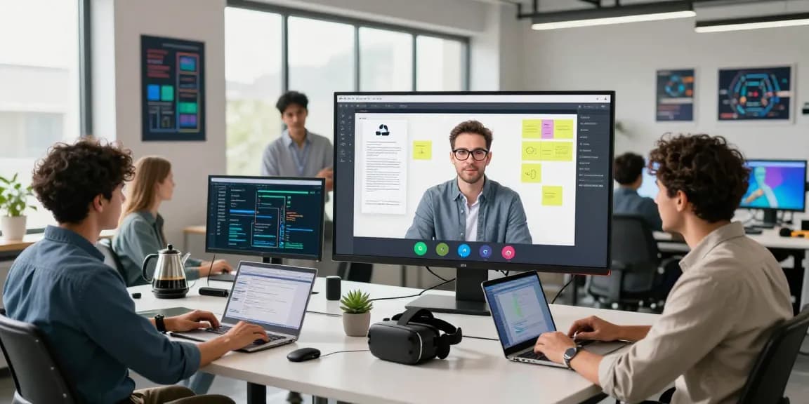 Collaboration workspace for telegraimin.com showcasing a modern team of developers on video call.
