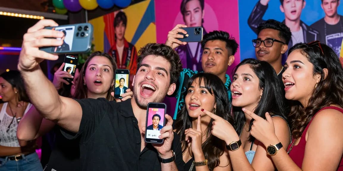 Group of friends finding who looks like a celebrity using a selfie app during a lively event.