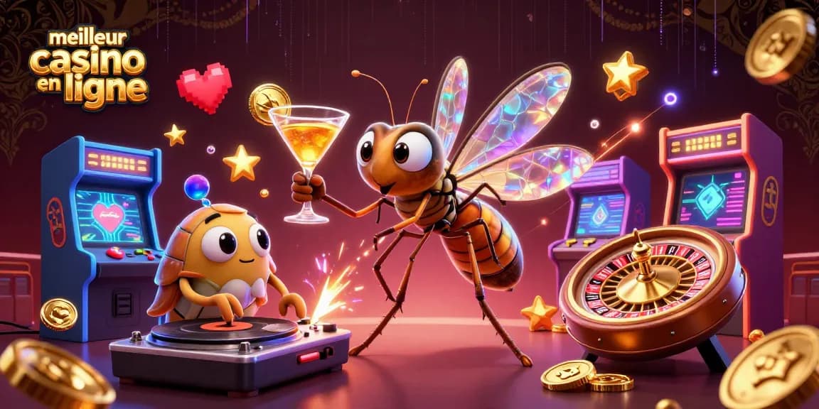 Illustration d'un casino en ligne dynamique avec meilleur casino en ligne comme mascotte.