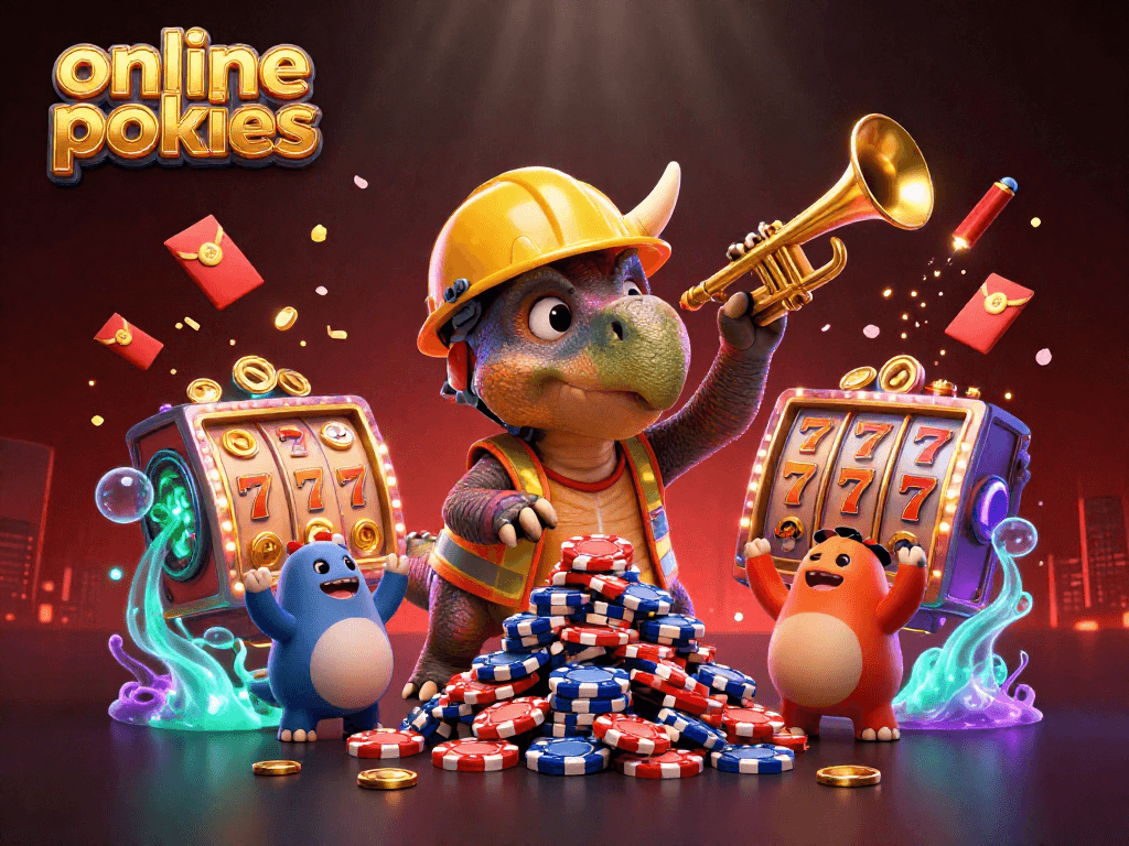 3D cartoon scene promoting online pokies with characters celebrating around slot reels and poker chips.