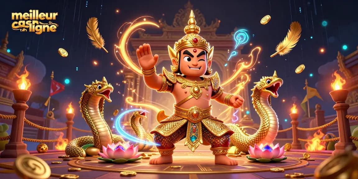 Jouez sur le meilleur casino en ligne avec cette illustration captivante d'un gardien de temple thaï et des éléments de jeu.