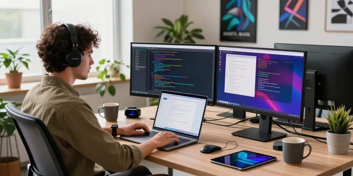 Programmer using 纸飞机中文版 on multi-monitor setup in modern tech office