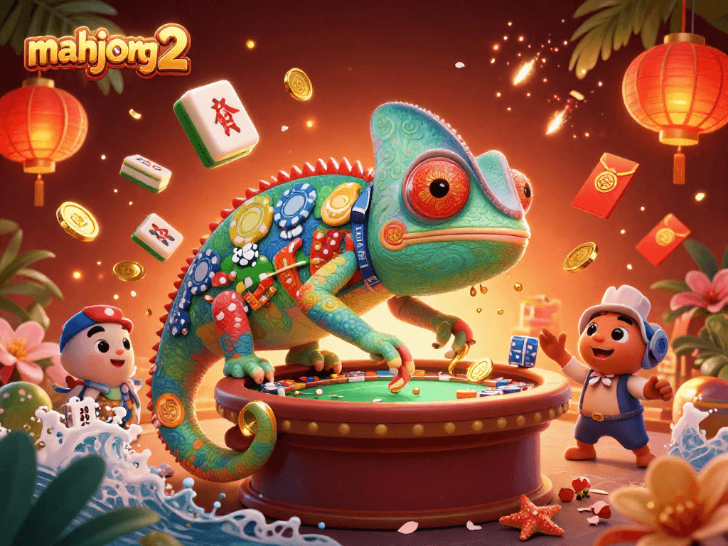 Experience mahjong 2 excitement with vibrant casino art featuring an interactive chameleon and dazzling elements.