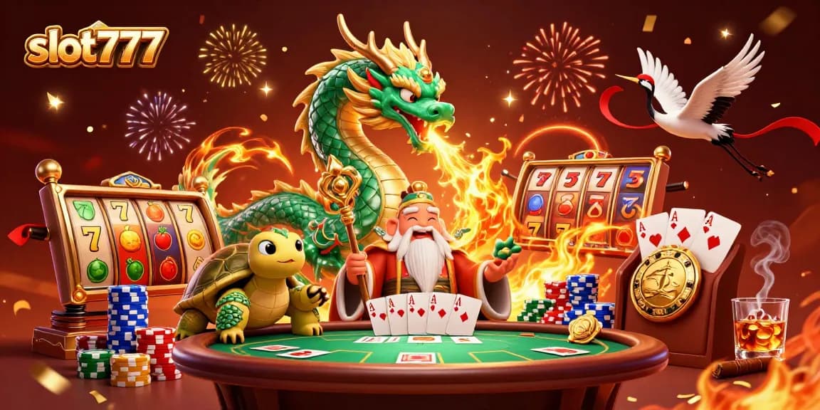 Menang di slot777 dengan naga cerdas dan simbol keberuntungan melawan latar kasino yang meriah.