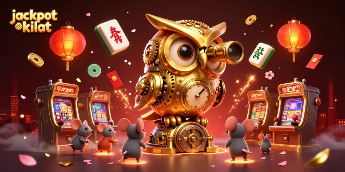 Experience jackpot kilat excitement with a dynamic 3D casino scene featuring a golden owl and bustling mouse patrons.