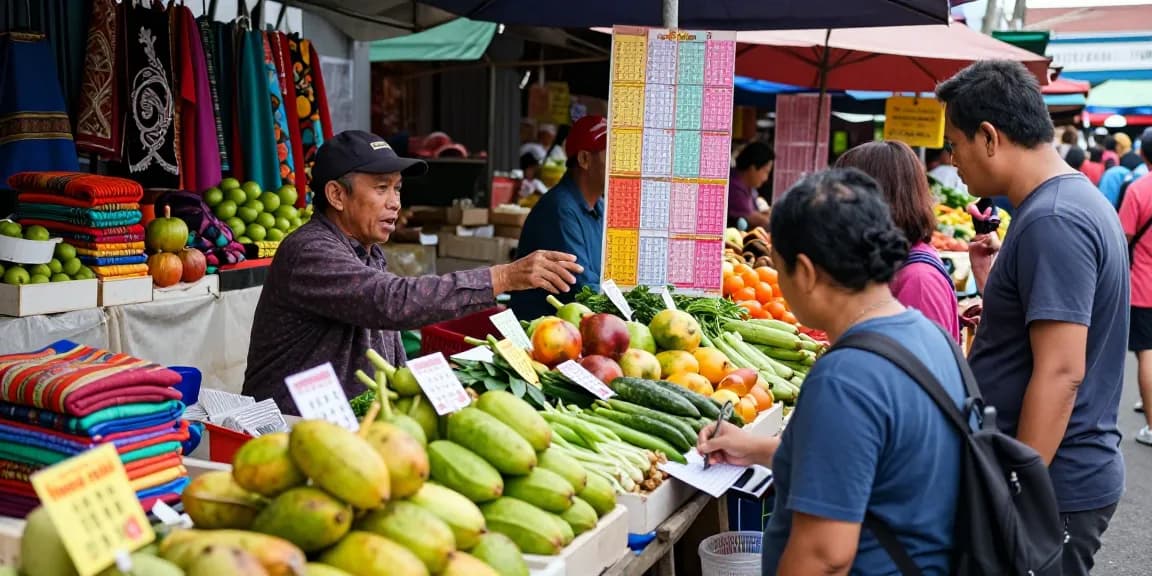 Suasana pasar lokal yang sibuk dengan vendor menjelaskan nomor rejeki.