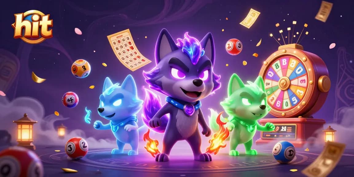 Hit colorful lottery balls and immersive casino elements surround a mystical wolf in this captivating illustration