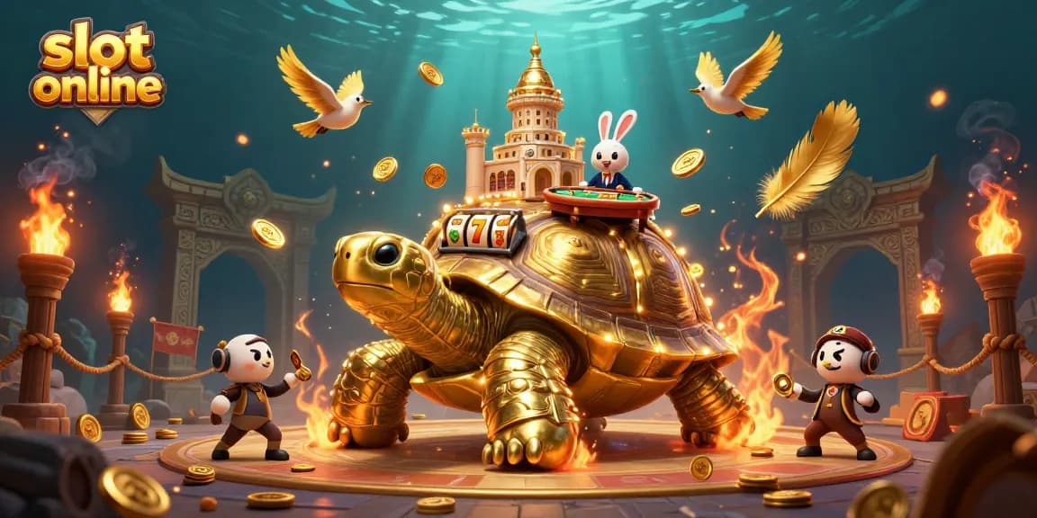 Spin the reels and win in this vibrant slot online illustration featuring a golden tortoise casino.