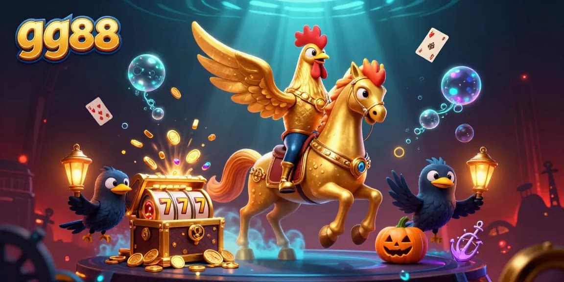 Experience the thrill of gg88 with a vibrant casino scene featuring an adventurous golden rooster and dynamic game elements.