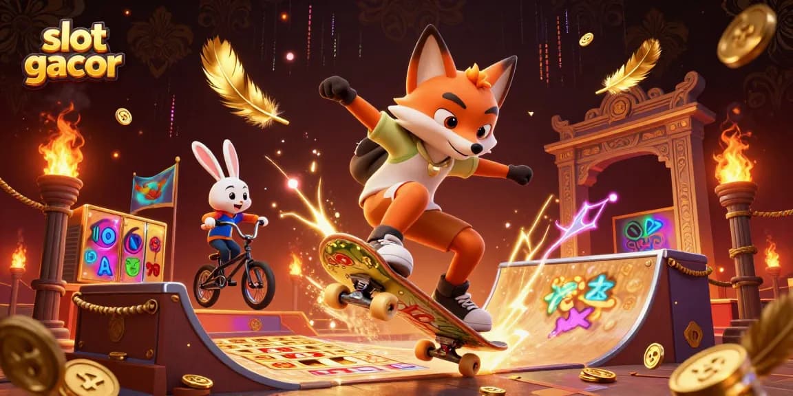 Experience the thrill of slot gacor with a vibrant scene featuring playful characters amid casino symbols.