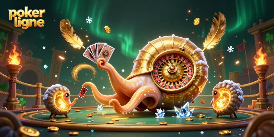 Découvrez l'animation dynamique du poker en ligne avec un nautilus géant aux cartes, et la magie des jeux de casino.