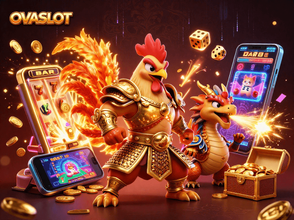 Experience thrilling gameplay with OVASLOT in this vibrant, dynamic casino scene filled with energetic elements.