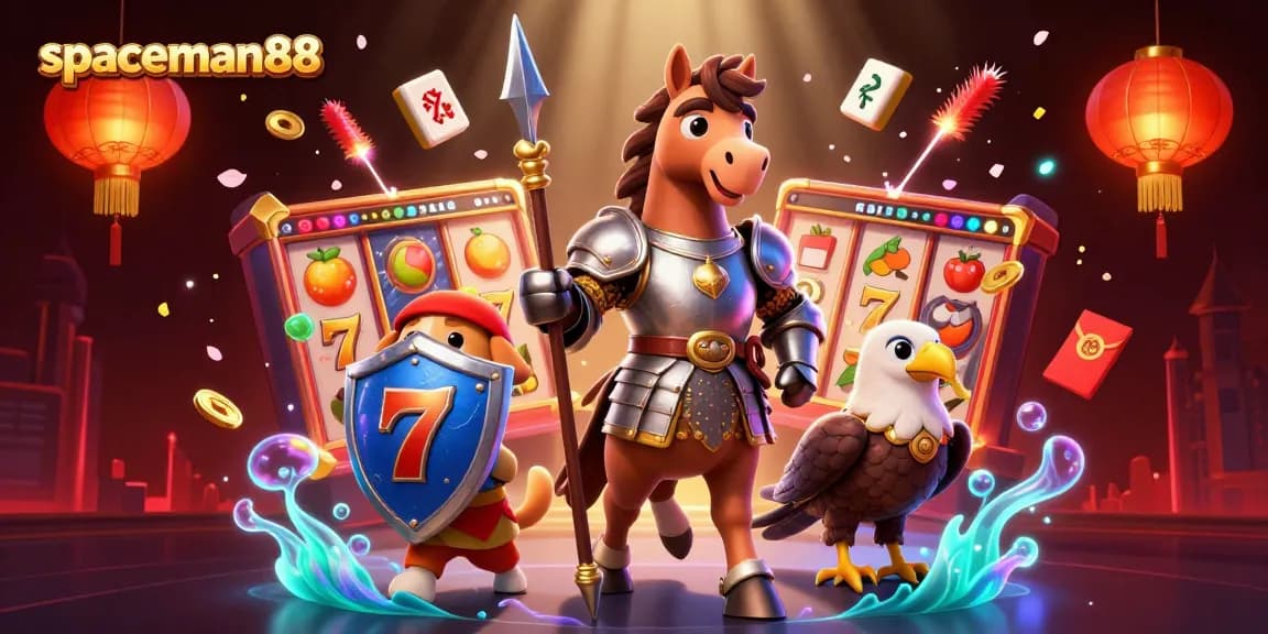 Play exciting casino games with spaceman88, featuring vibrant slot reels and animated characters.