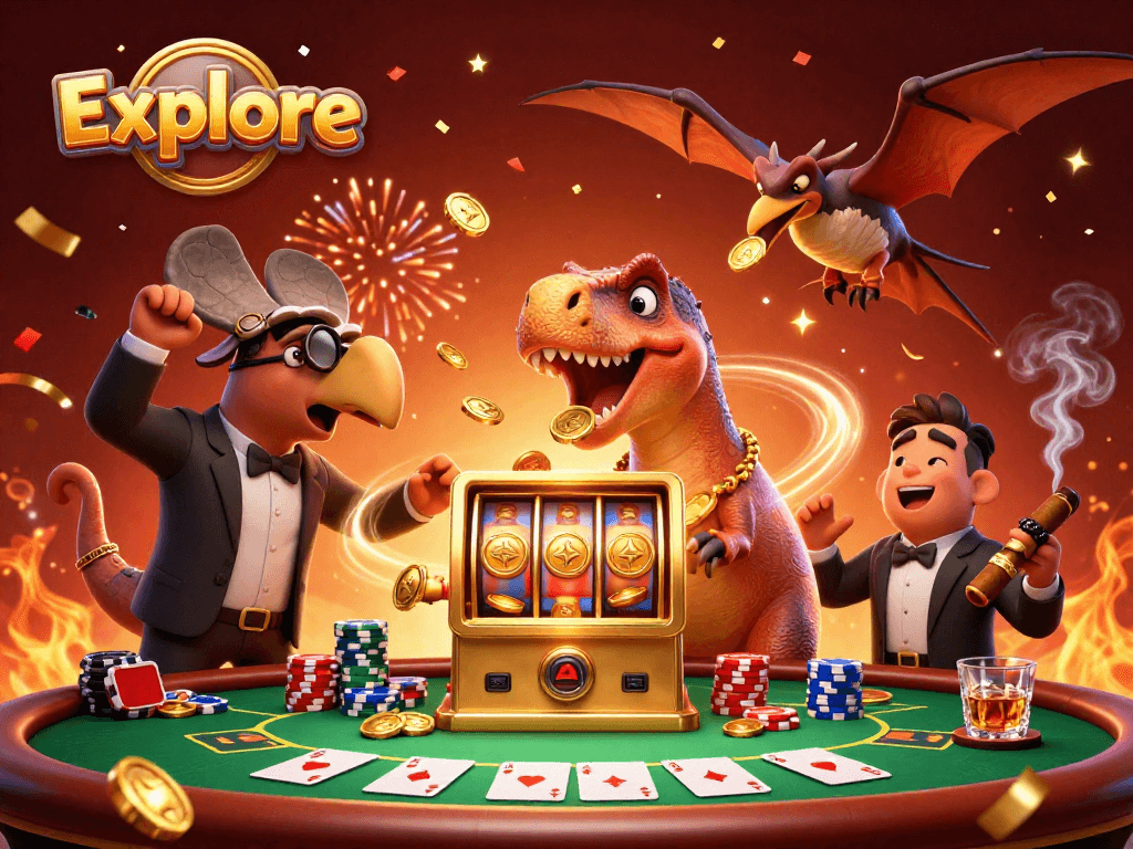 Explore casino excitement with animated dinosaurs and jackpot wins in a vibrant scene.
