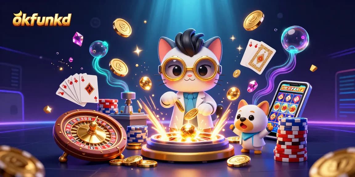 Win big at okfunkd with slot machines, poker chips, and golden coins flying everywhere in a vibrant casino scene.