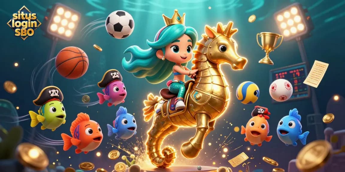 Bet on situs login SBO with a vibrant mermaid scene featuring a seahorse and colorful sports elements.