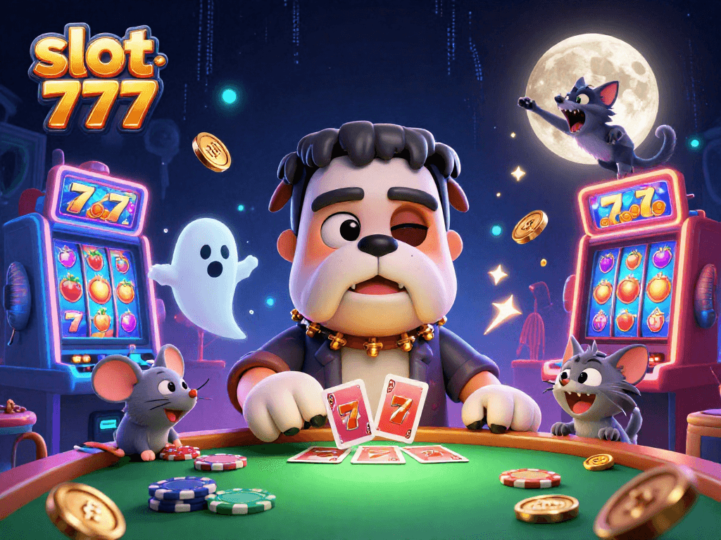 Experience thrilling wins at slot 777 with vibrant slot machines, cards, and cartoon challenges.