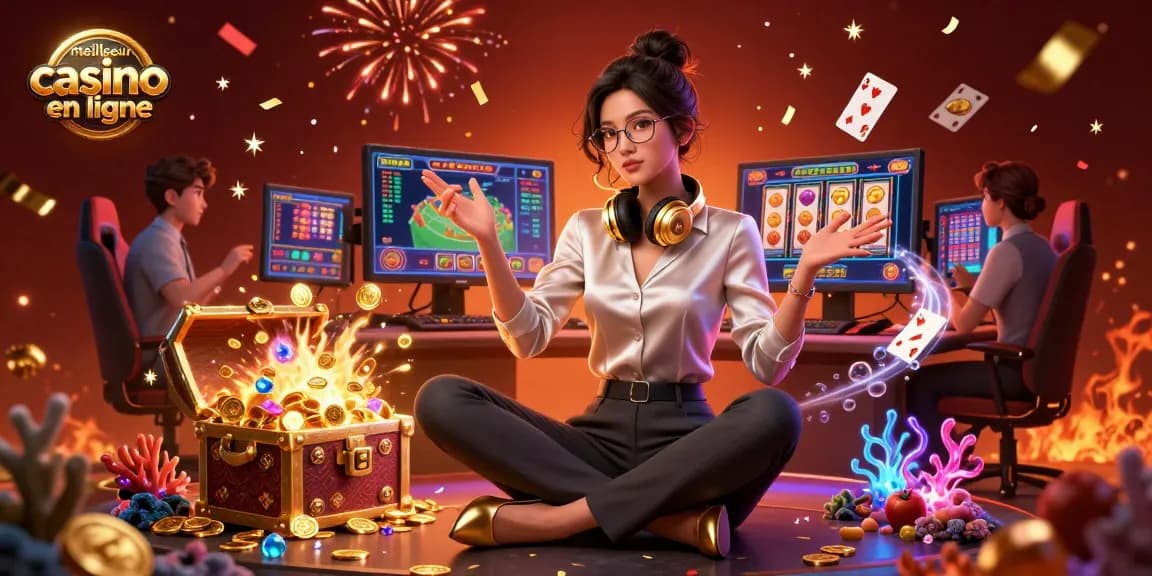 Plongez dans l'univers du jeu au meilleur casino en ligne, mettant en vedette un joueur averti à une station de jeu haute technologie.