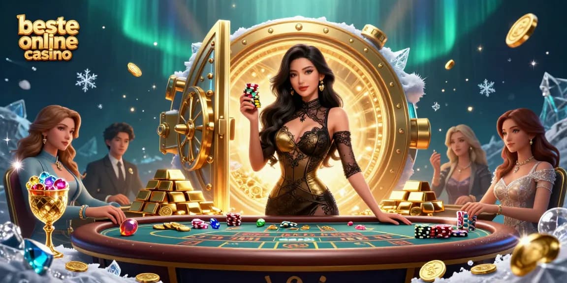 Experience the beste online casino atmosphere with a glamorous woman at a VIP table, holding golden chips.