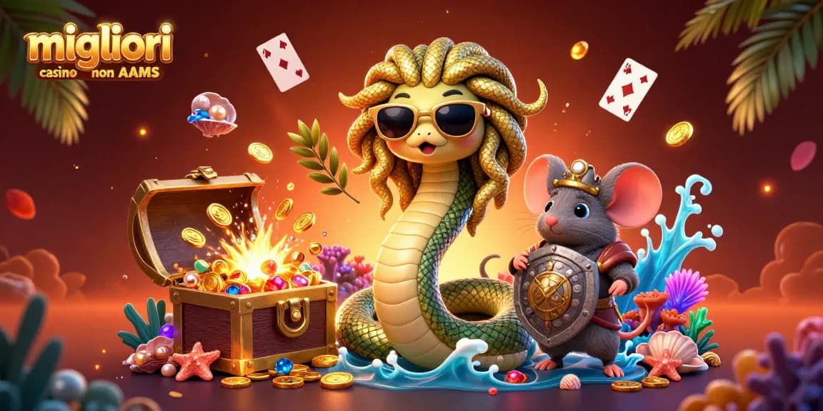 Migliori casino non AAMS scena illustrata con Medusa e un guerriero topo tra i tesori del casinò.