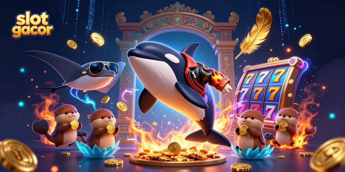 Experience thrilling gameplay in slot gacor with animated characters winning golden coins in a vibrant casino setting.
