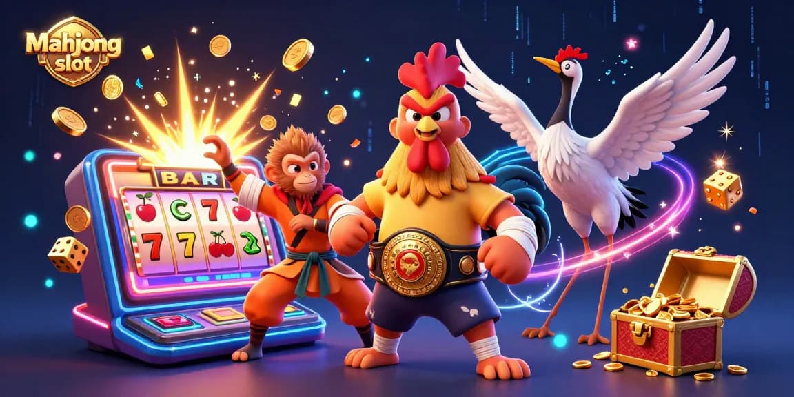 Experience the thrill of mahjong slot with a vibrant illustration of characters amidst a jackpot explosion and colorful gaming elements.